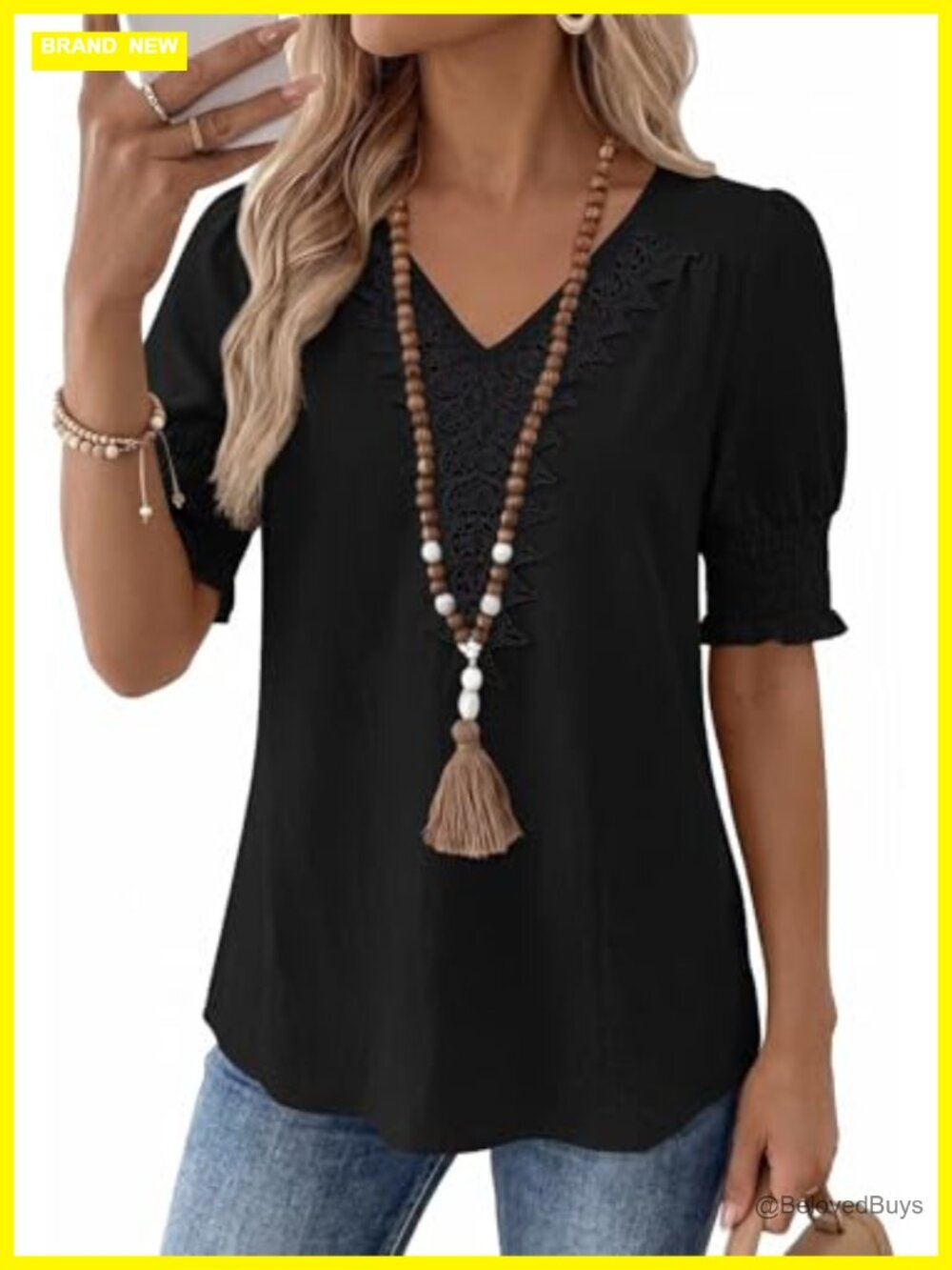 Womens Boho Lace V-Neck Short Puff Sleeve Tunic Top S-4XL
